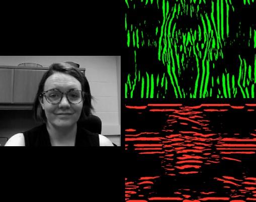 Headshot photo of Katie Tregillus on left, two images demonstrating mcullough effect on right.